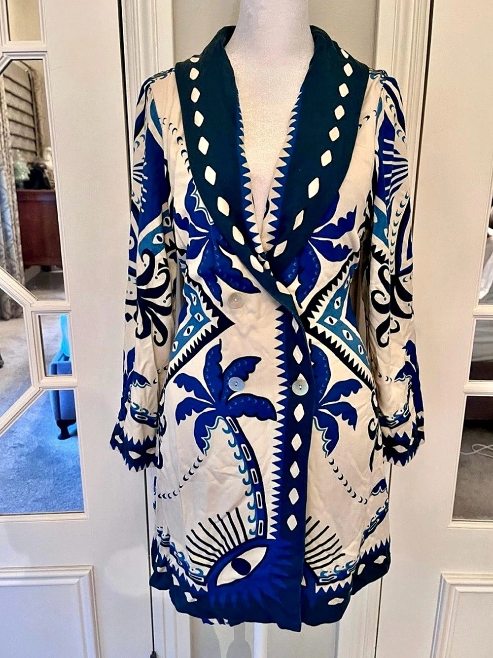 Farm Rio Long-Sleeve Blazer Dress Blue & White Medium Petite
